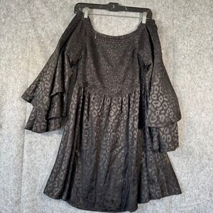 Jodifl Black Leopard Off Shoulder Bell Sleeve Dress Whimsigoth Festival Smocking